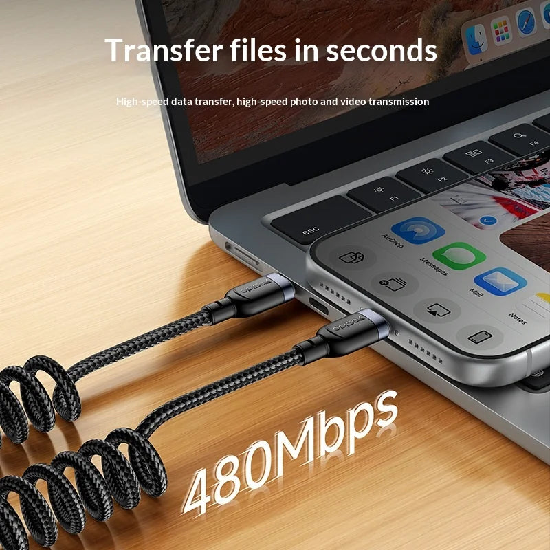 YESIDO CA205 PD 60W Fast Charging Spring Cable Type-C to Type-C Data Cable for CarPlay/HiCar/CarLife - Black - 3
