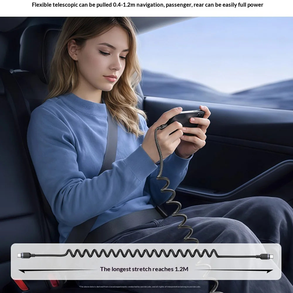 YESIDO CA205 PD 60W Fast Charging Spring Cable Type-C to Type-C Data Cable for CarPlay/HiCar/CarLife - Black - 6