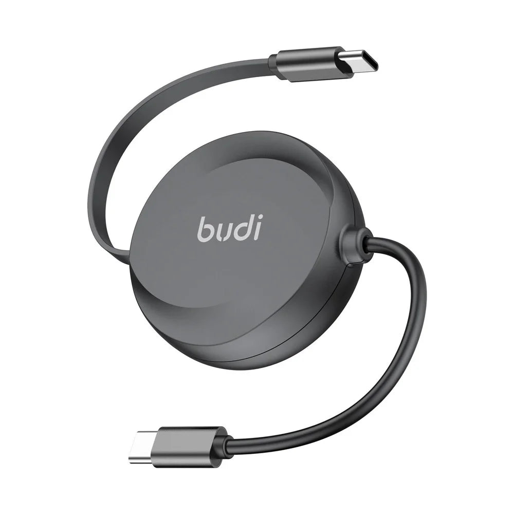 BUDI DC257TT10B 1m PD 65W Fast Charging USB-C to USB-C Retractable Cable Data Sync Cord - Black - 1