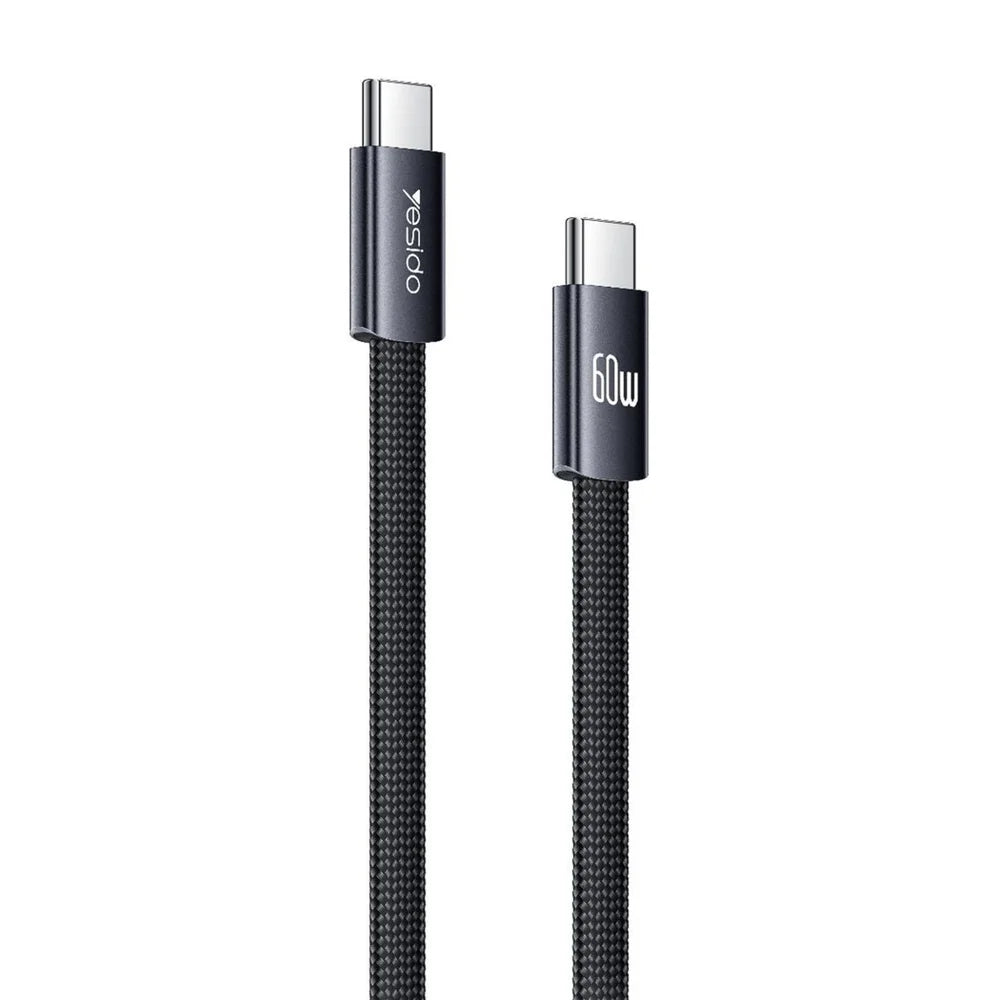 YESIDO CA206 1.2m USB-C to USB-C Cable PD 60W Fast Charging Braided Flat Data Cable - Black - 1