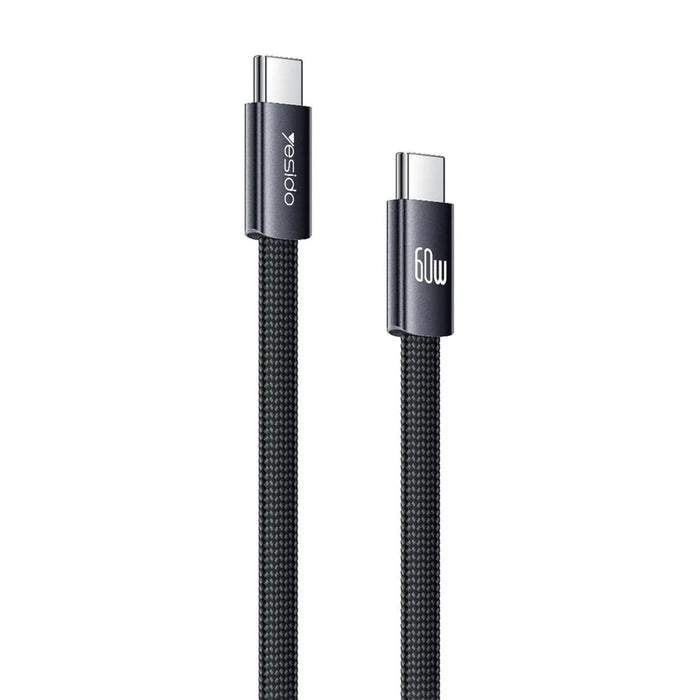 YESIDO CA206 1.2m USB-C to USB-C Cable PD 60W Fast Charging Braided Flat Data Cable - Black - 1