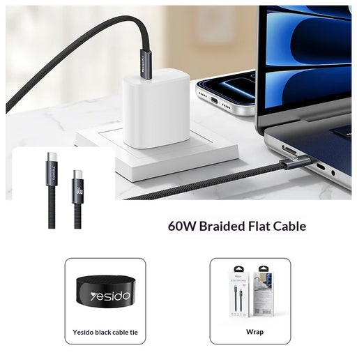 YESIDO CA206 1.2m USB-C to USB-C Cable PD 60W Fast Charging Braided Flat Data Cable - Black - 2