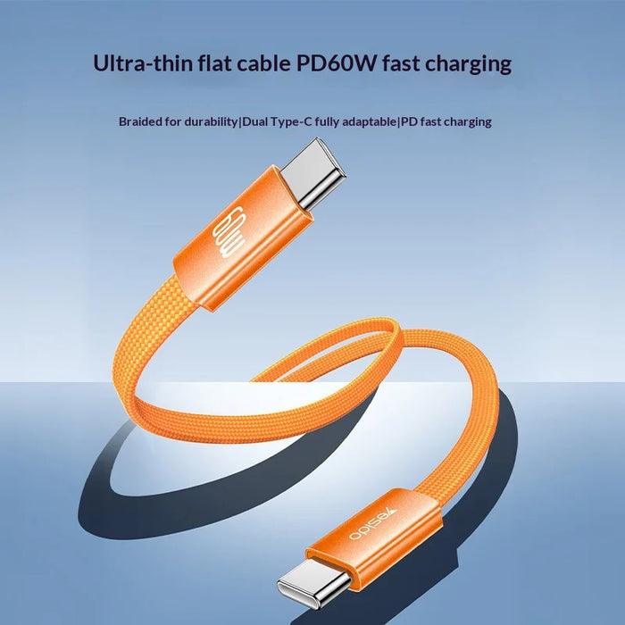 YESIDO CA206 1.2m USB-C to USB-C Cable PD 60W Fast Charging Braided Flat Data Cable - Black - 5
