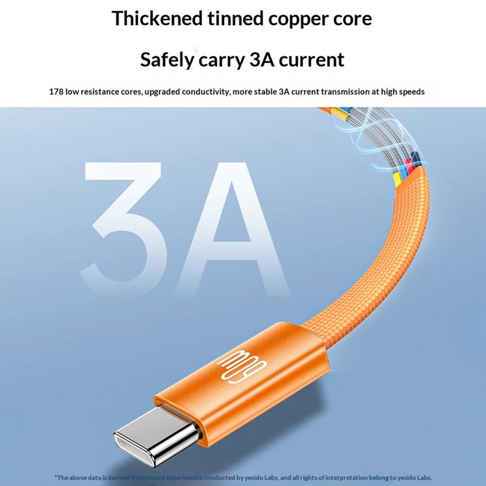 YESIDO CA206 1.2m USB-C to USB-C Cable PD 60W Fast Charging Braided Flat Data Cable - Black - 6