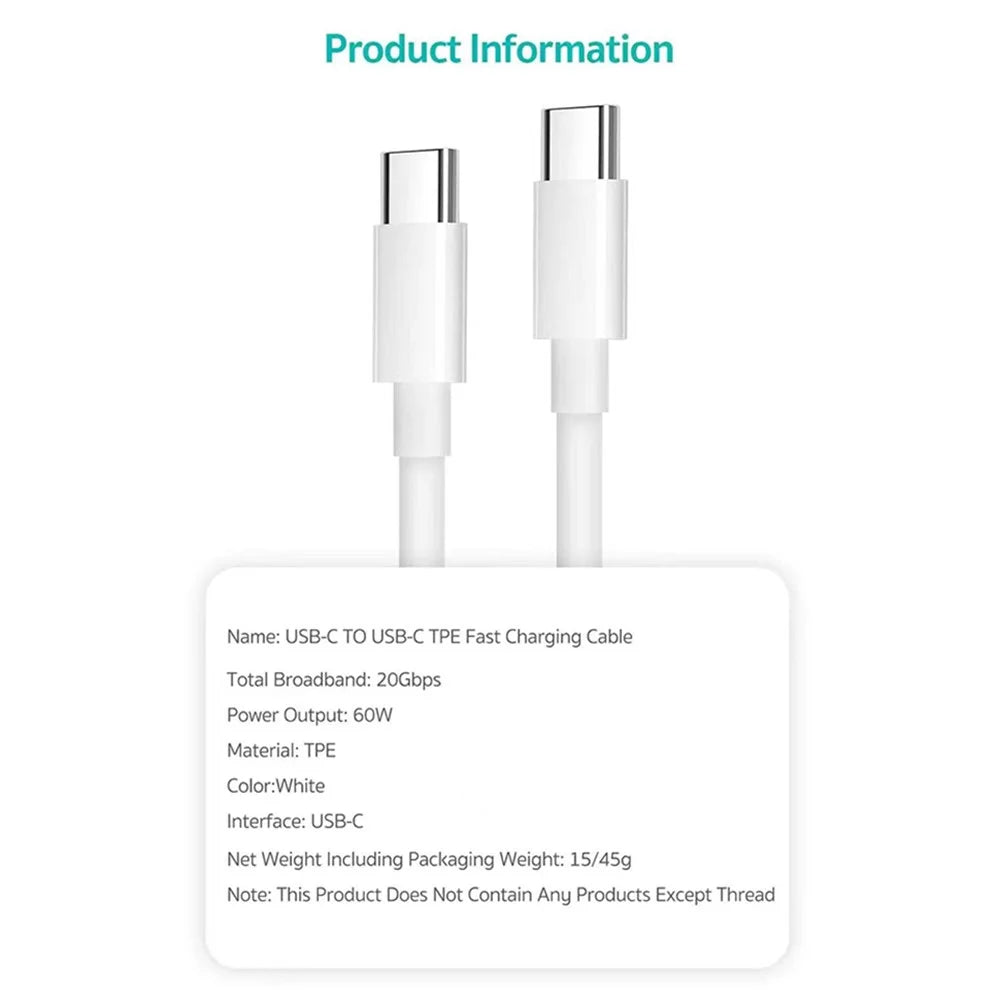 COTECI 32117 1m USB-C to USB-C Fast Charging Cable 60W 20Gbps Data Transfer Wire - White - 6