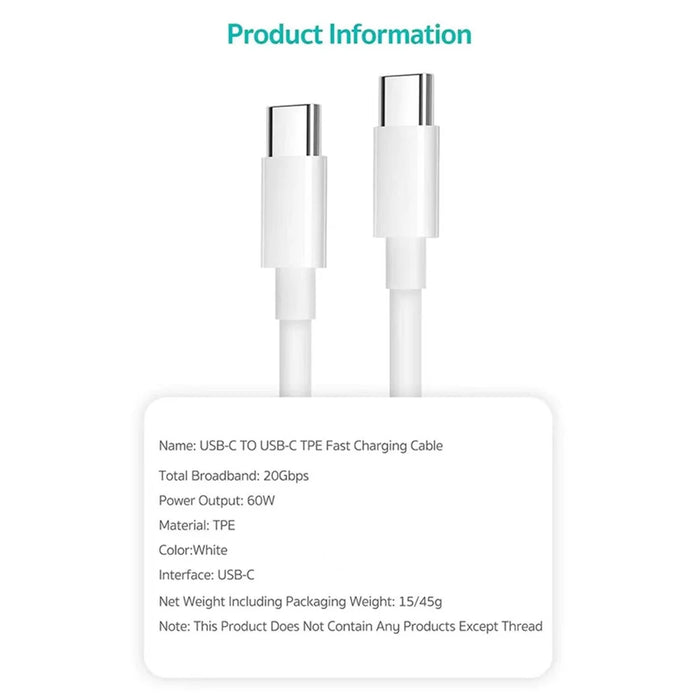 COTECI 32117 2m USB-C to USB-C TPE Fast Charging Cable 60W 20Gbps Data Transfer Wire - White - 6