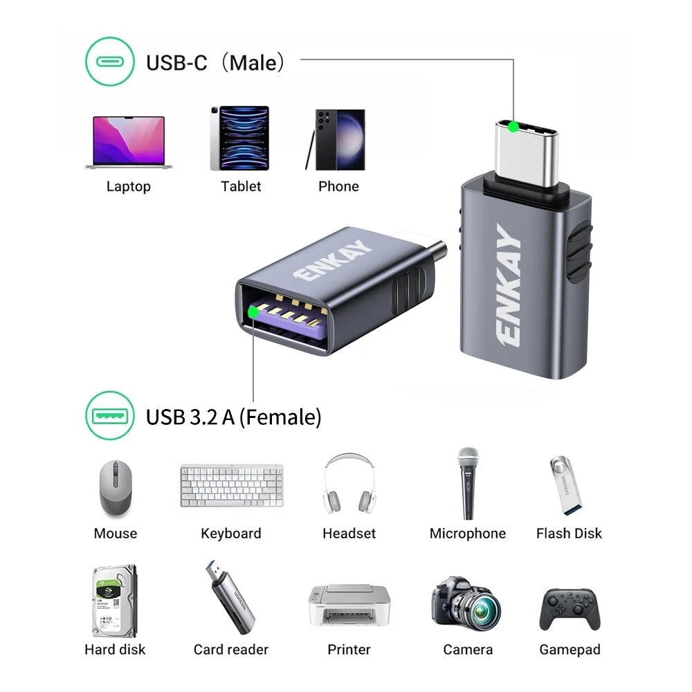 ENKAY ENK-AT130 USB-A 3.2 Female to USB-C Male Adapter 10Gbps 60W Fast Charging Aluminum Alloy OTG Converter - Grey - 7