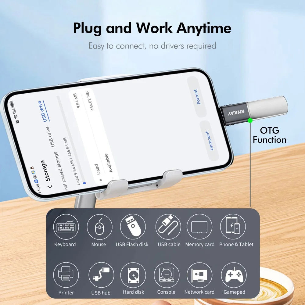 ENKAY ENK-AT130 2Pcs USB-A 3.2 Female to USB-C Male Female Adapter 10Gbps 60W Fast Charging Aluminum Alloy OTG Converter - Grey - 4
