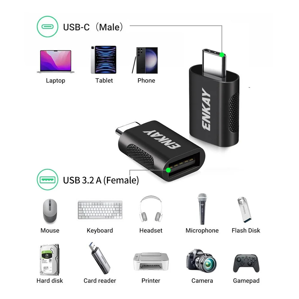 ENKAY ENK-AT131 2Pcs USB-C Male to USB-A 3.2 Female Adapter 10Gbps 60W Fast Charging Zinc Alloy OTG Converter - Grey - 6