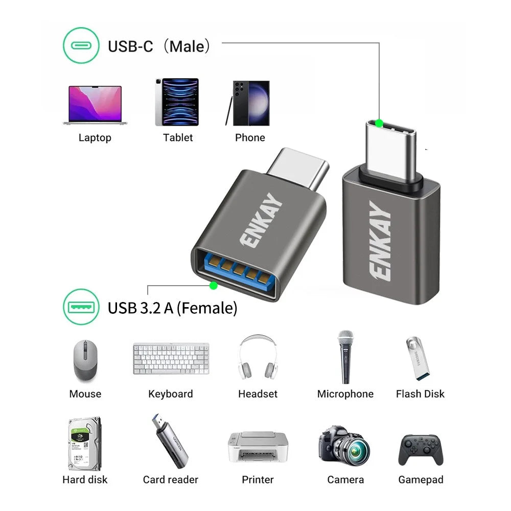 ENKAY ENK-AT134 2Pcs USB-A 3.2 Female to USB-C Male Adapter 10Gbps 60W Fast Charging OTG Converter - Grey - 6