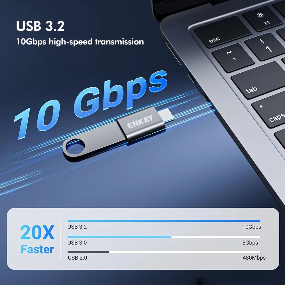 ENKAY ENK-AT135 USB-A 3.2 Female to USB-C Male Adapter 10Gbps 60W Fast Charging Zinc Alloy OTG Converter - Black - 2