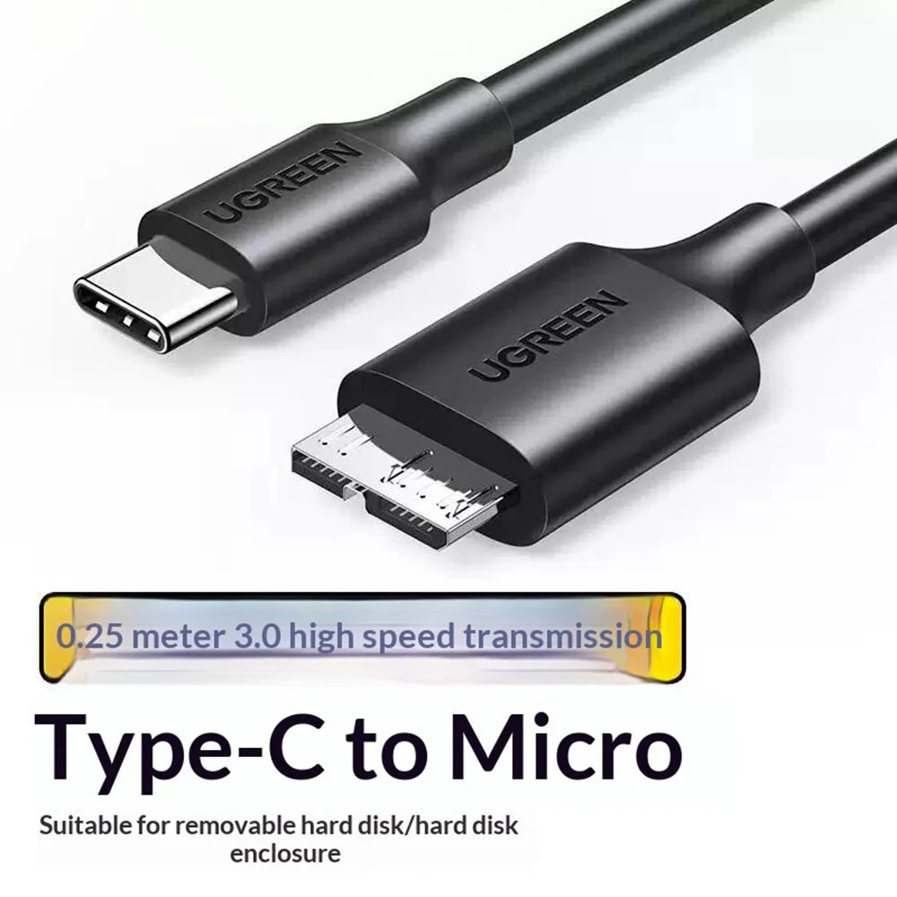 UGREEN 90995 25cm Type-C to Micro-B USB 3.0 Cable 3A Fast Charging 5Gbps Data Transfer Wire for External Hard Drive - Black - 2