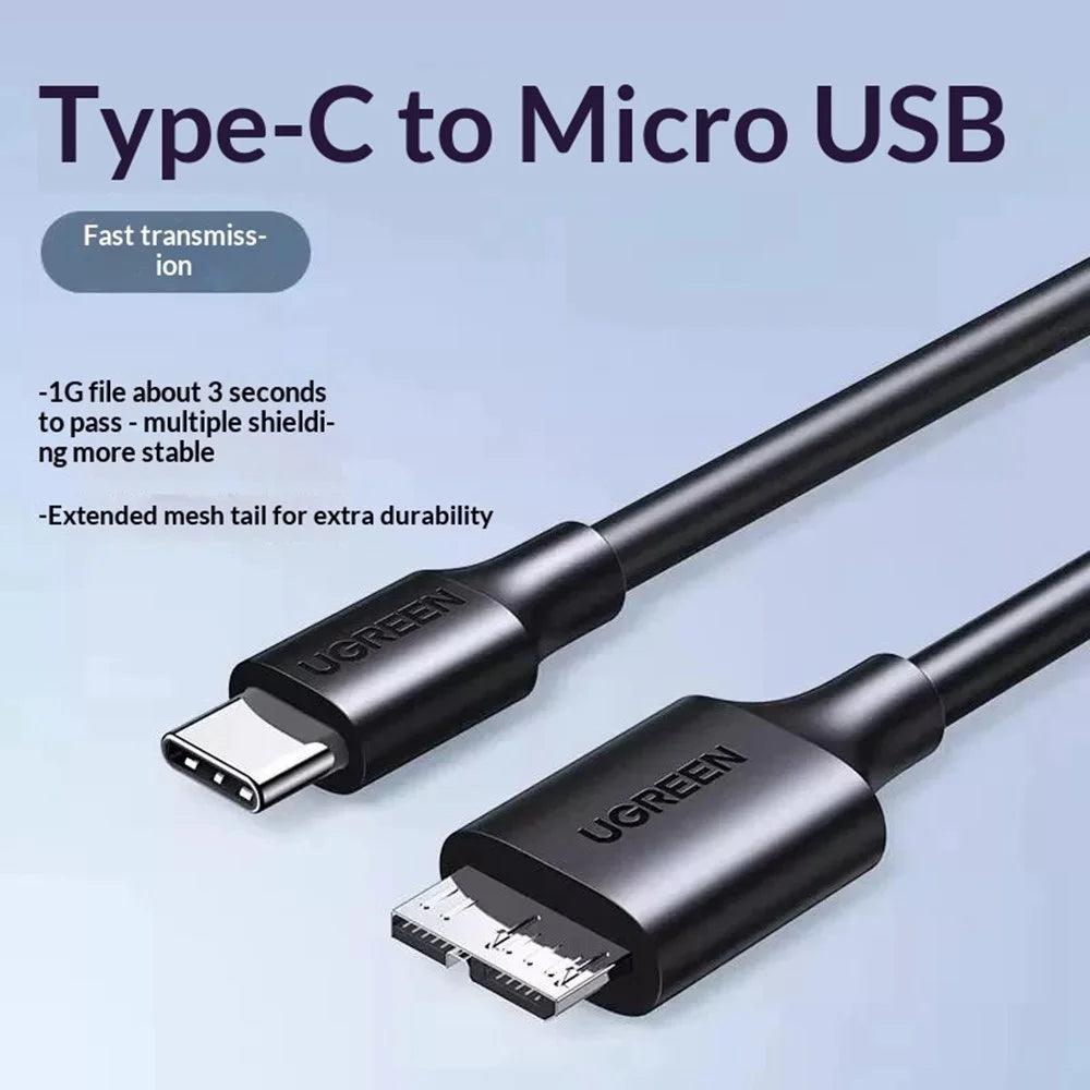 UGREEN 90995 25cm Type-C to Micro-B USB 3.0 Cable 3A Fast Charging 5Gbps Data Transfer Wire for External Hard Drive - Black - 5