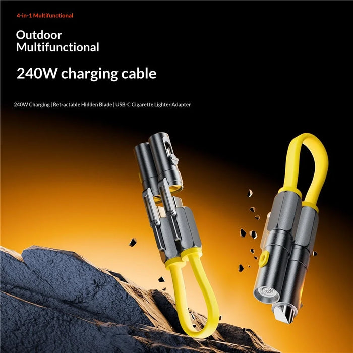 JX4 / 1-01 22cm 240W USB-C Cable with Hidden Blade Lighter Portable 4-in-1 Multifunctional Charging Data Cable for Outdoor Emergency - Yellow - 3