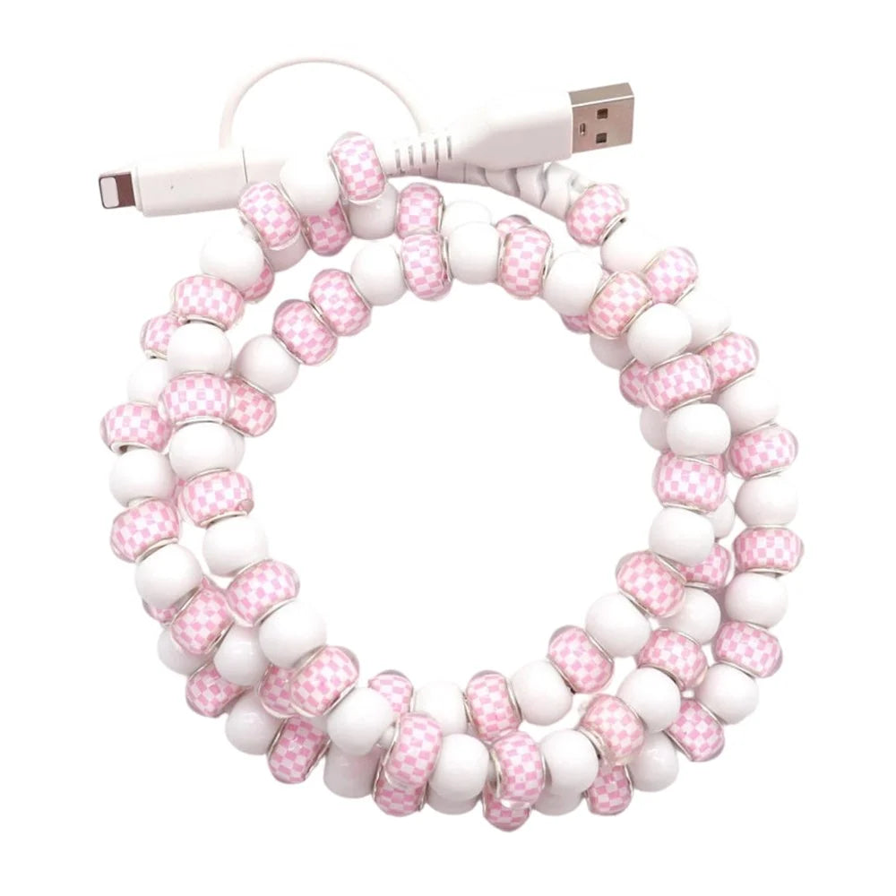 2 in 1 Type-C + iP 12W Charging Cable 1m Handmade Beaded Bracelet Data Cable for iPhone iPad Android - Pink Grids / White - 1