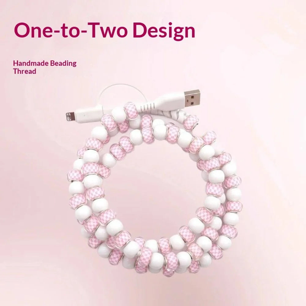 2 in 1 Type-C + iP 12W Charging Cable 1m Handmade Beaded Bracelet Data Cable for iPhone iPad Android - Pink Grids / White - 2