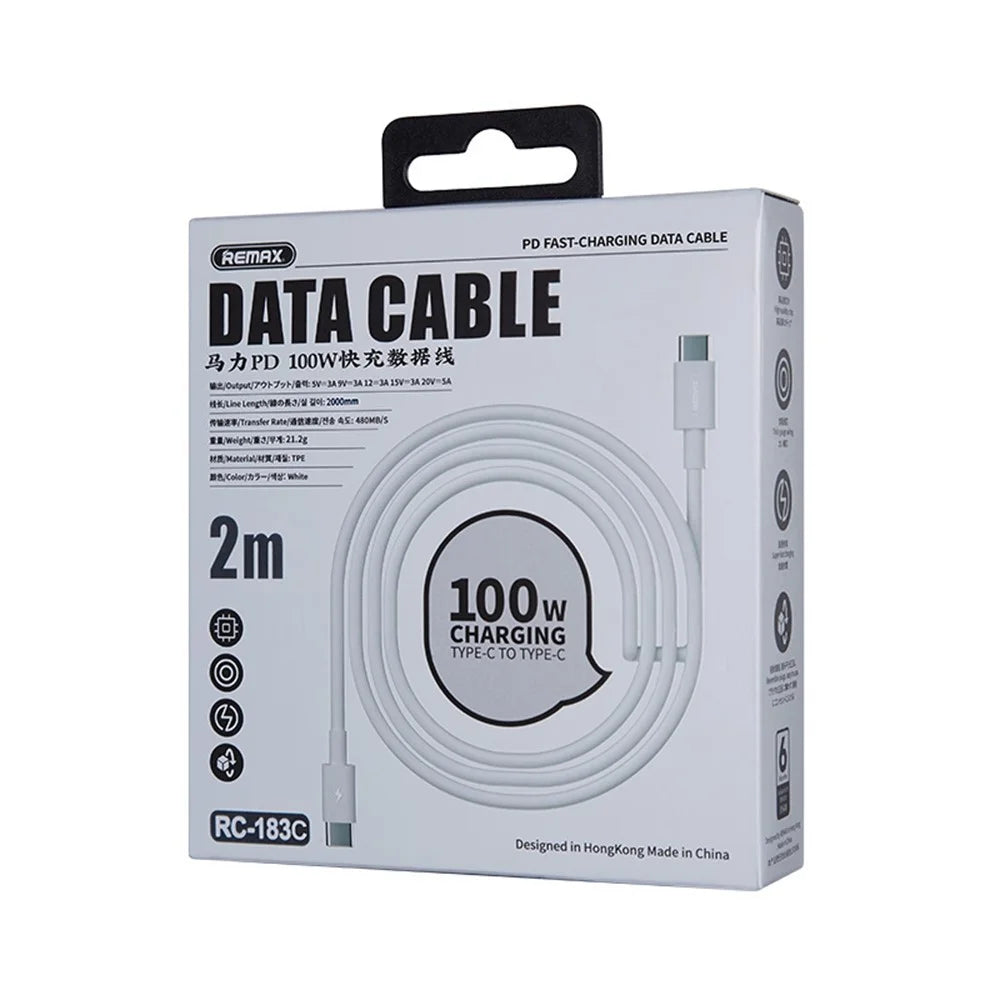 REMAX RC-183C 2m USB-C to USB-C Cable PD 100W Fast Charging Data Cable for Huawei / Xiaomi / Samsung - White - 3