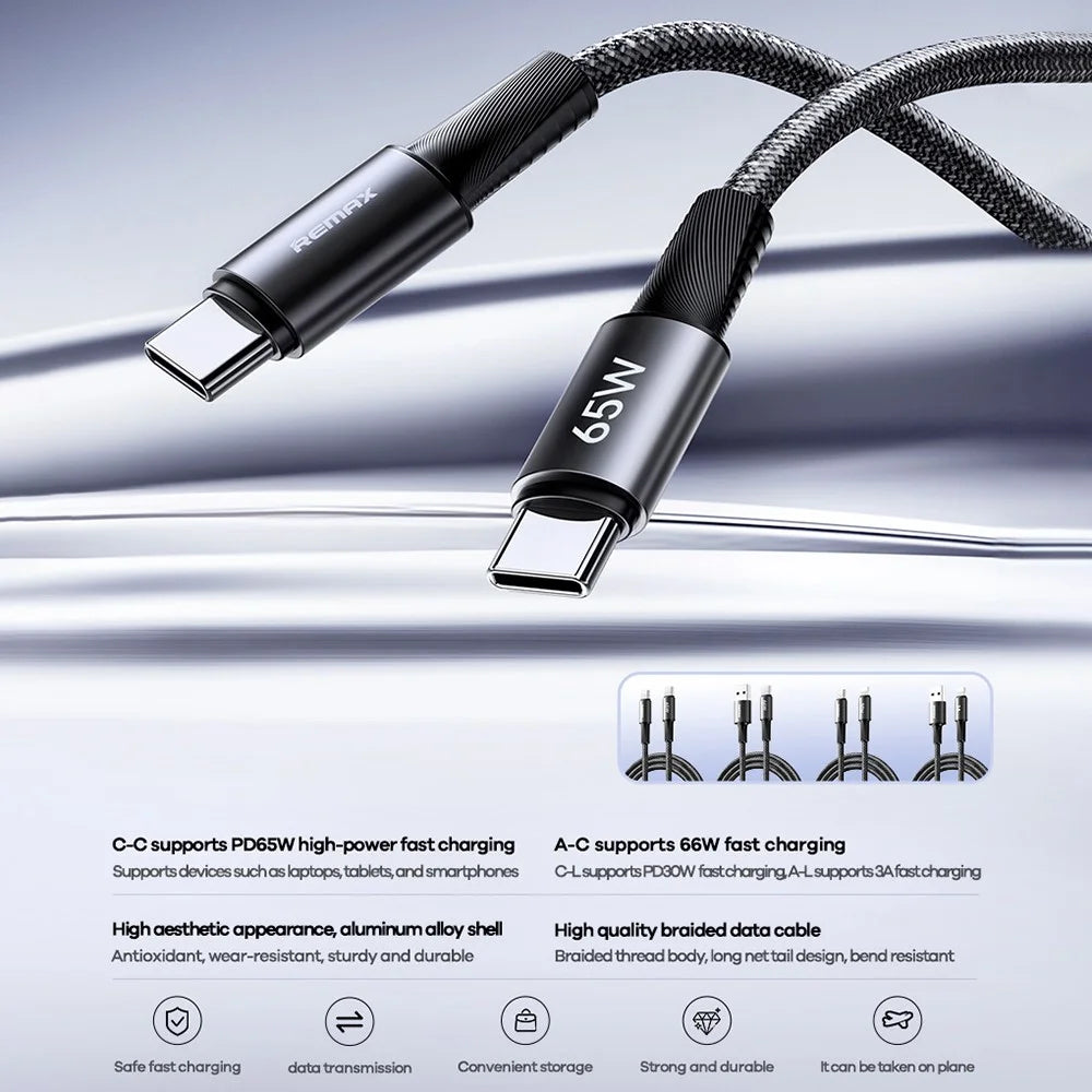REMAX CB25 2m USB-C to USB-C Cable 65W PD Fast Charging Aluminum Alloy Braided Data Cord for Laptop Tablet Phone - Black - 2