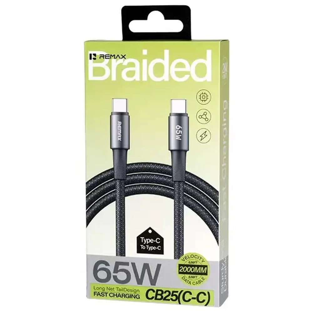REMAX CB25 2m USB-C to USB-C Cable 65W PD Fast Charging Aluminum Alloy Braided Data Cord for Laptop Tablet Phone - Black - 3