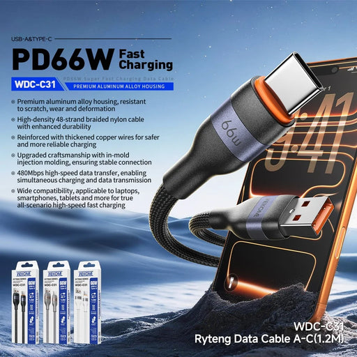 WEKOME WDC-C31 2m USB-A to Type-C Cable 66W Fast Charging 480Mbps Data Transfer Cord for Laptop Phone Tablet - Black - 2