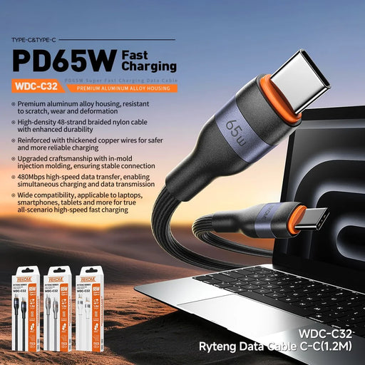 WEKOME WDC-C32 1.2m Type-C to Type-C Cable 65W PD Fast Charging Nylon Braided Cord 480Mbps Data Transfer - Black - 2