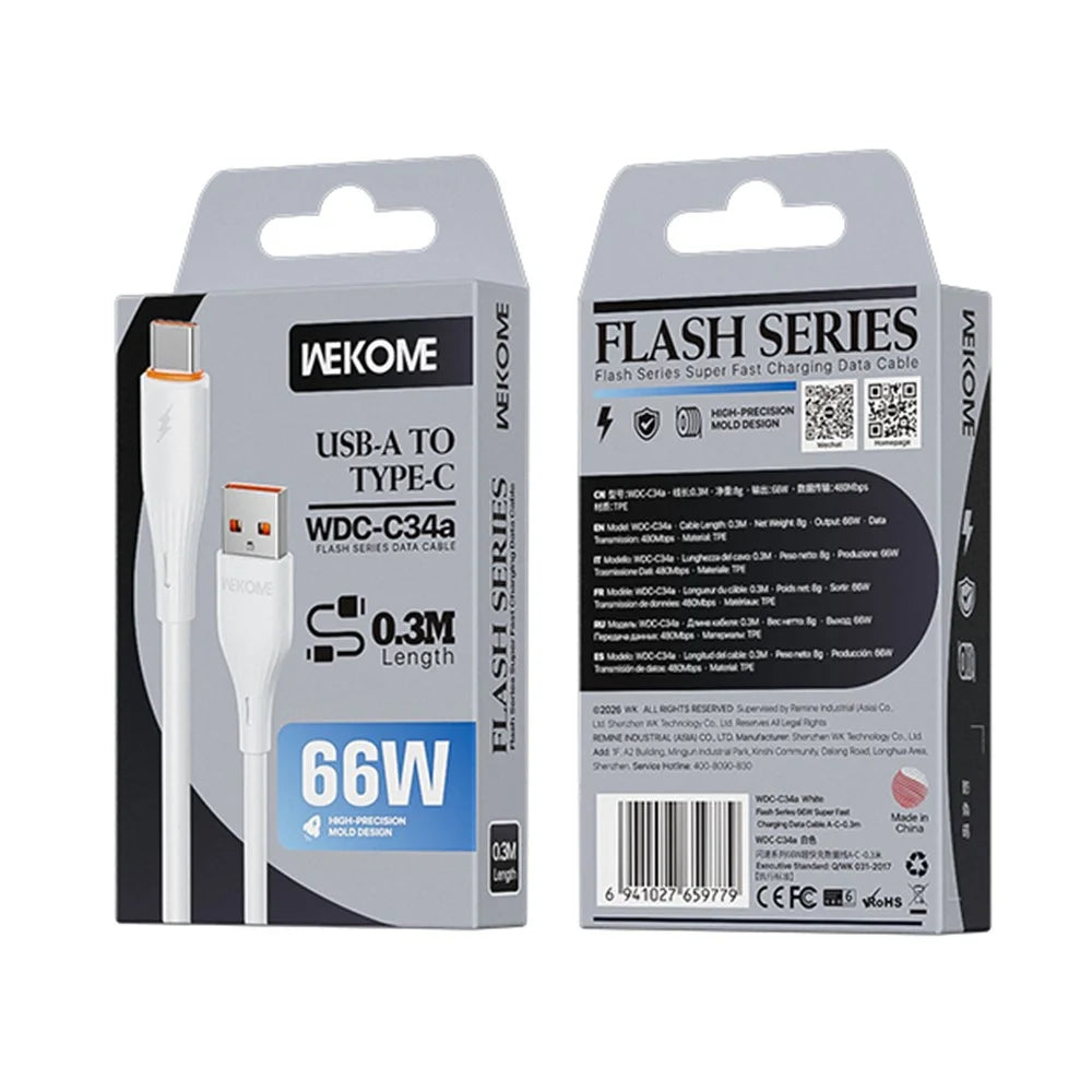 WEKOME WDC-C34a 0.3m USB-A to Type-C Cable 66W Fast Charging Data Cable for Phone Tablet - White - 3