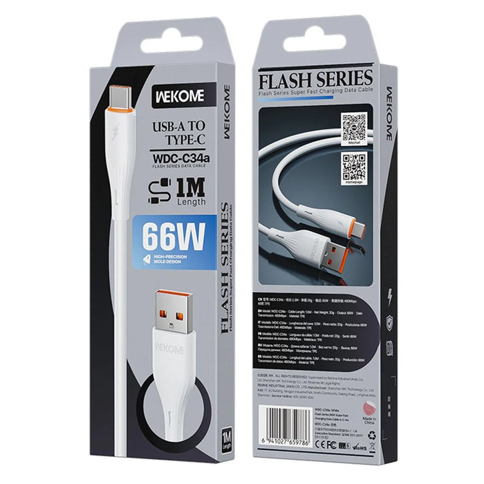WEKOME WDC-C34a 1m USB-A to Type-C Cable 66W Fast Charging Data Cable for Phone Tablet - White - 4