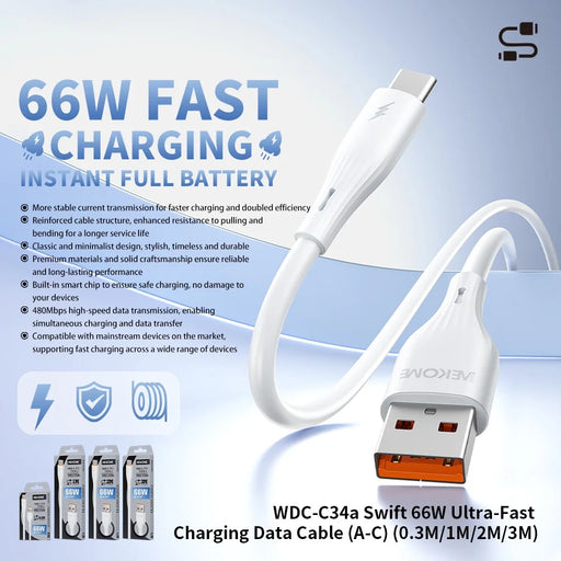 WEKOME WDC-C34a 2m USB-A to Type-C Cable 66W Fast Charging Data Cable for Phone Tablet - White - 2