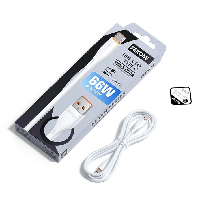 WEKOME WDC-C34a 2m USB-A to Type-C Cable 66W Fast Charging Data Cable for Phone Tablet - White - 3