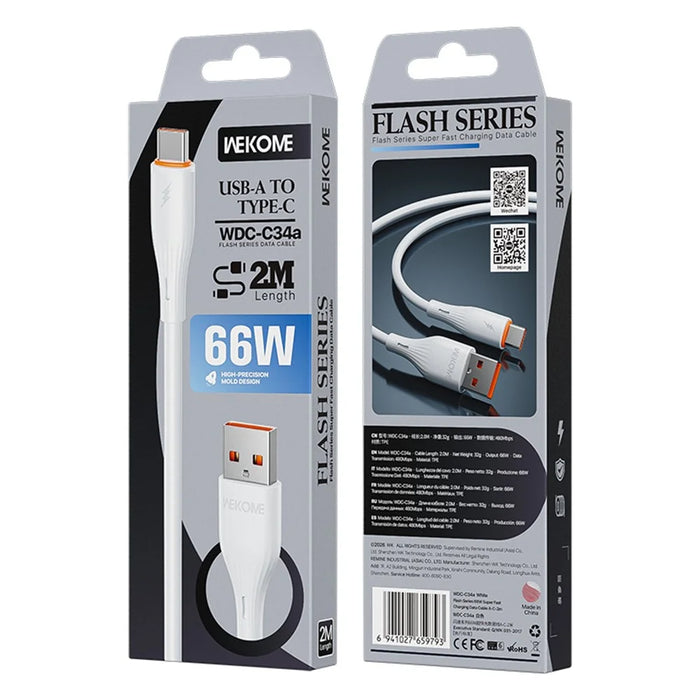 WEKOME WDC-C34a 2m USB-A to Type-C Cable 66W Fast Charging Data Cable for Phone Tablet - White - 4