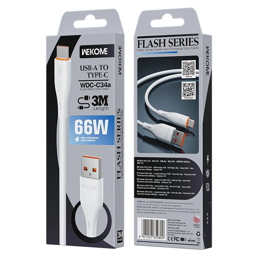 WEKOME WDC-C34a 3m USB-A to Type-C Cable 66W Fast Charging Data Cable for Phone Tablet - White - 4