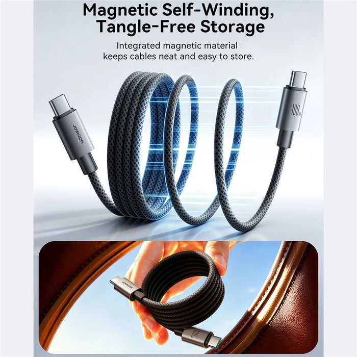 JOYROOM S-A65 1.2m Magnetic Self Winding Cable Type-C to Type-C PD 100W Fast Charging Data Cable - Black - 3
