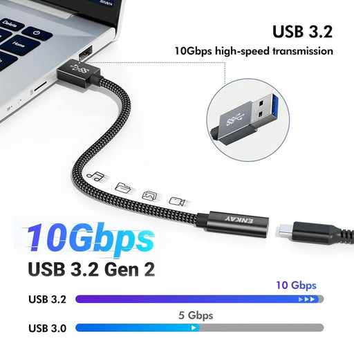 ENKAY ENK-AT136 15cm 10Gbps 60W USB 3.2 Type-C Female to USB-A Male Adapter Cable - Black - 2