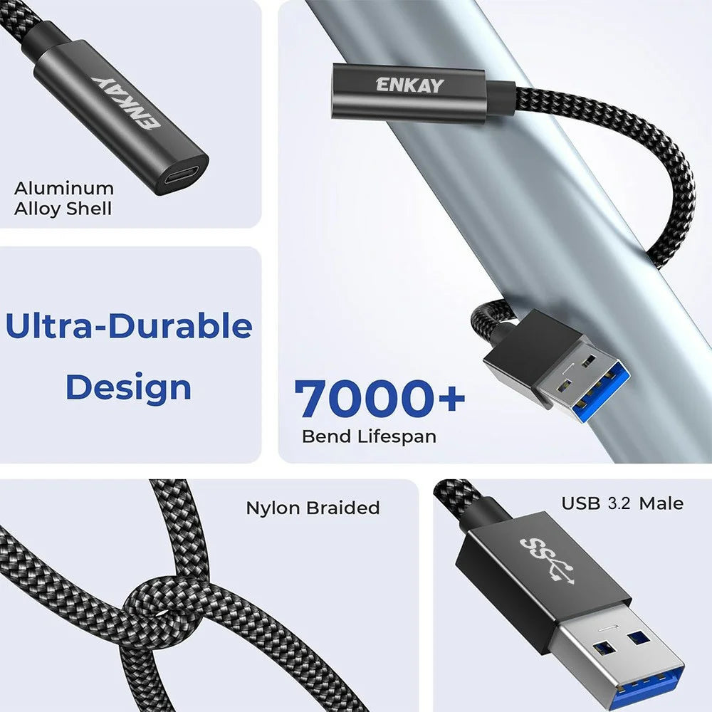 ENKAY ENK-AT136 15cm 10Gbps 60W USB 3.2 Type-C Female to USB-A Male Adapter Cable - Black - 4