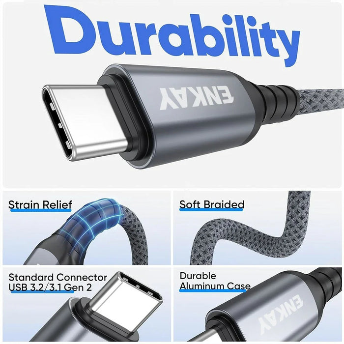 ENKAY 1.5m USB 3.2 Gen2 USB-A to USB-C Cable 60W Fast Charging 10Gbps High Speed Data Cable - Grey - 6