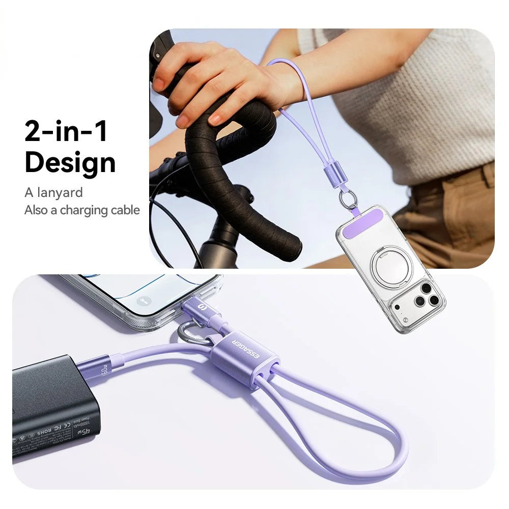 ESSAGER ES-X83 Type-C to Type-C 60W Lanyard Cable 2 in 1 Portable Charging Data Cable for Phone - Purple - 6