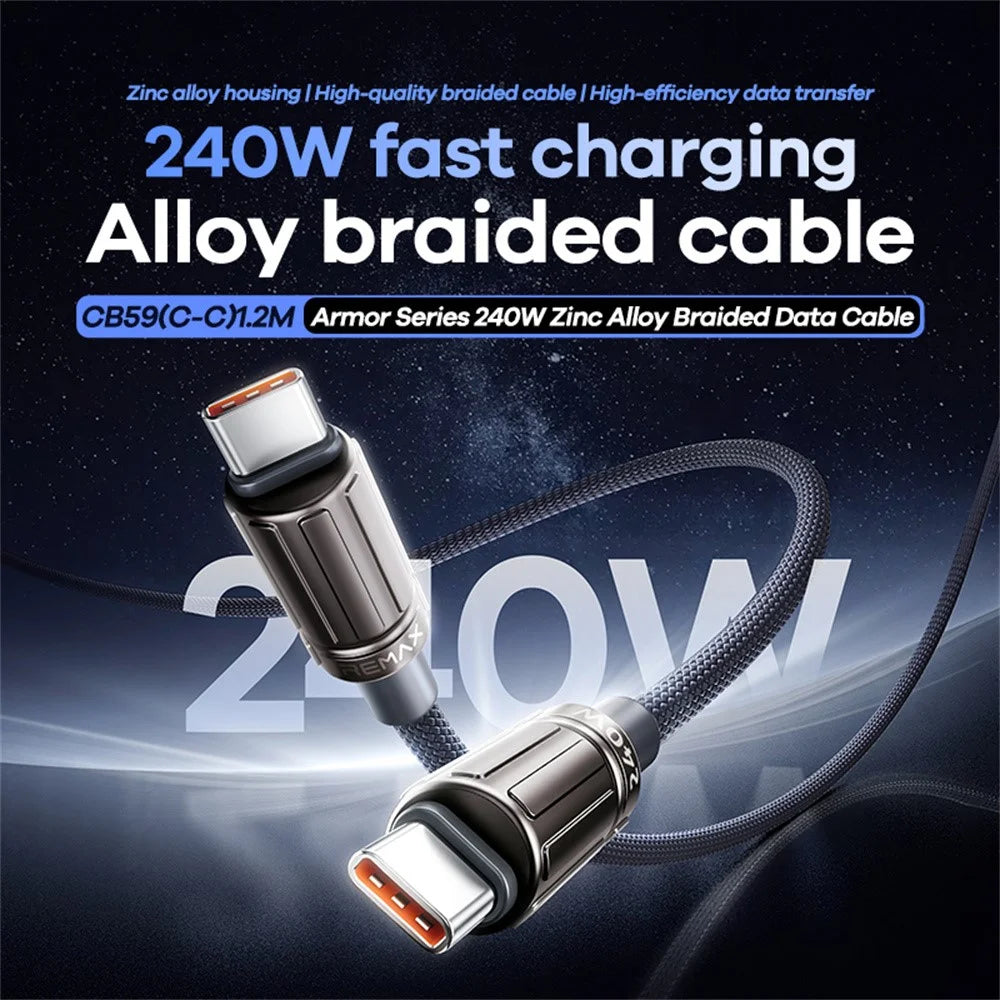 REMAX CB59 Armor 1.2m 240W Zinc Alloy Braided USB-C to USB-C Cable for MacBook Laptop Tablet - Black - 2