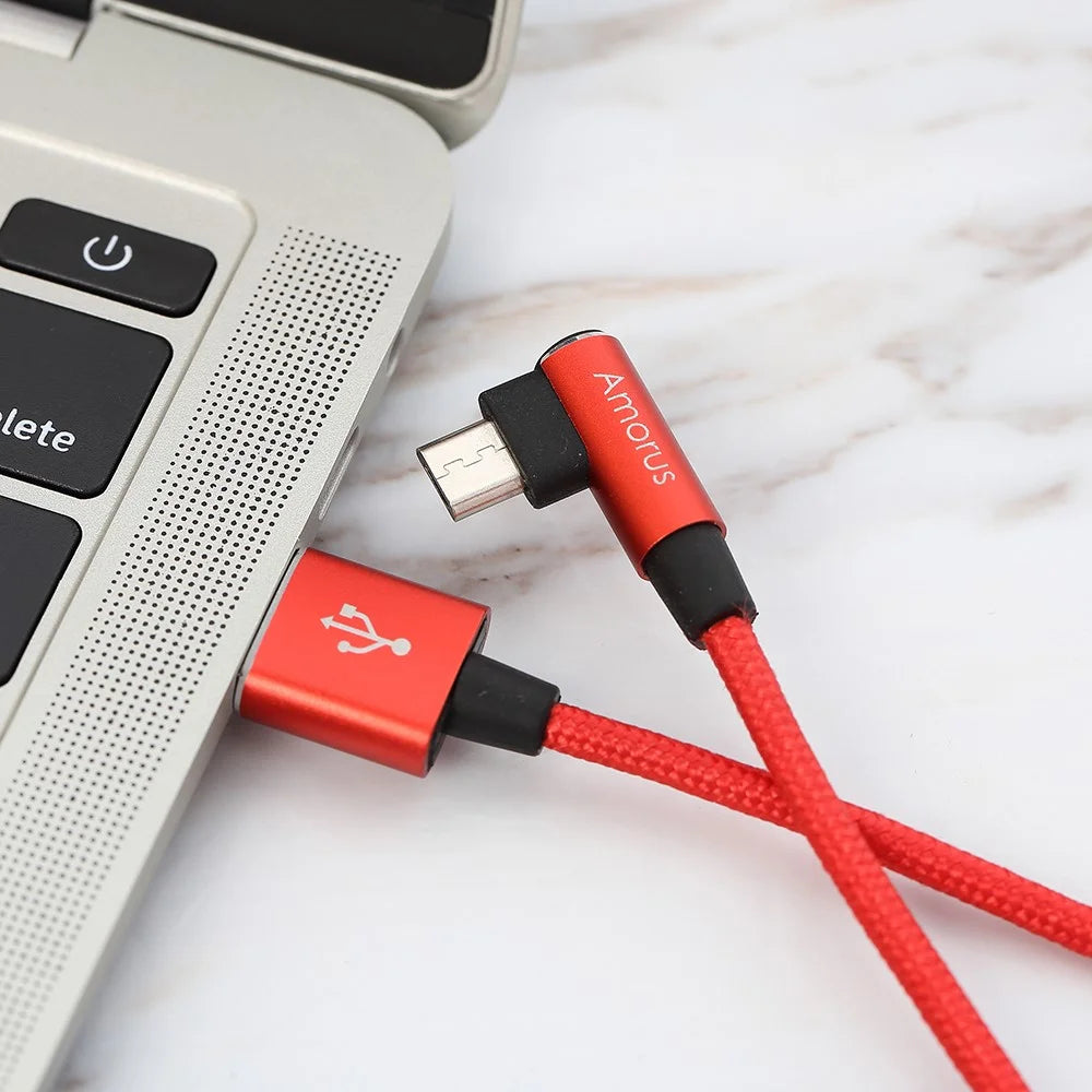 AMORUS Micro USB Right Angle Head Data Cable 2A Fast Charging Nylon Braided Wire - Red - 1