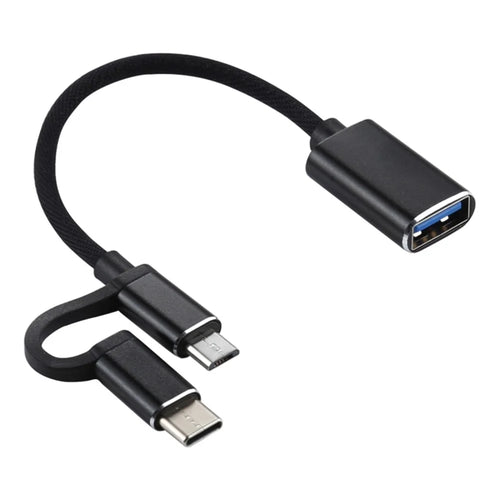 USB 3.0 Female OTG Adapter 2-in-1 Micro USB+Type C Male Nylon Braided Charging Cable Data Cord - Black - 1