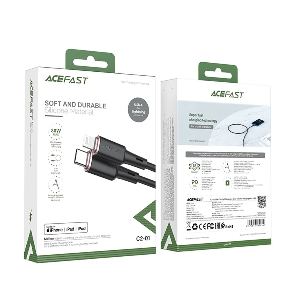 ACEFAST C2-01 MFI for iPhone 15 Series USB-C to Lightning Zinc Alloy Silicone Charging Data Cable - Black - 6