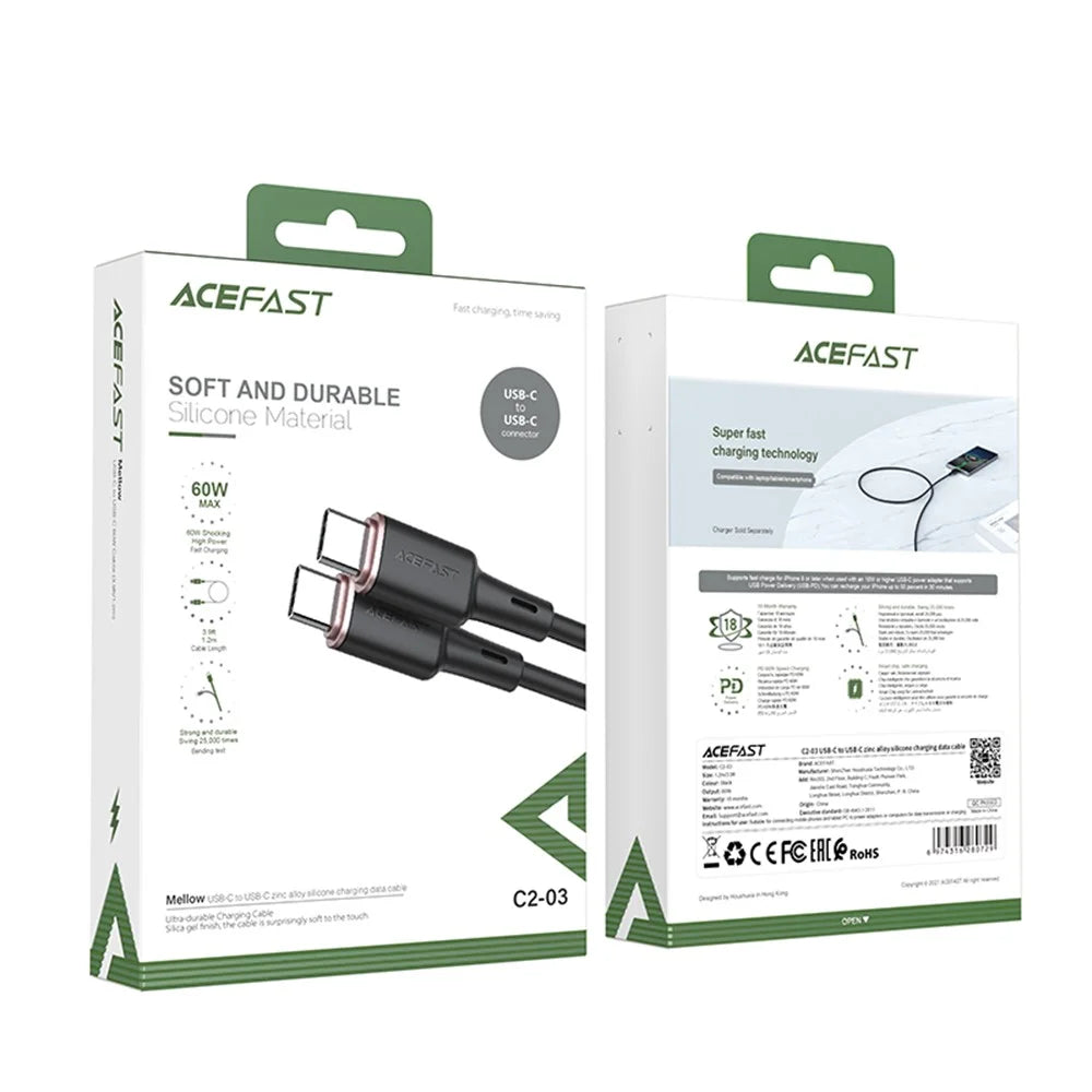 ACEFAST C2-03 for iPhone 15 Series USB-C to USB-C Zinc Alloy Plug Silicone Charging Data Cable 1.2m - Black - 7