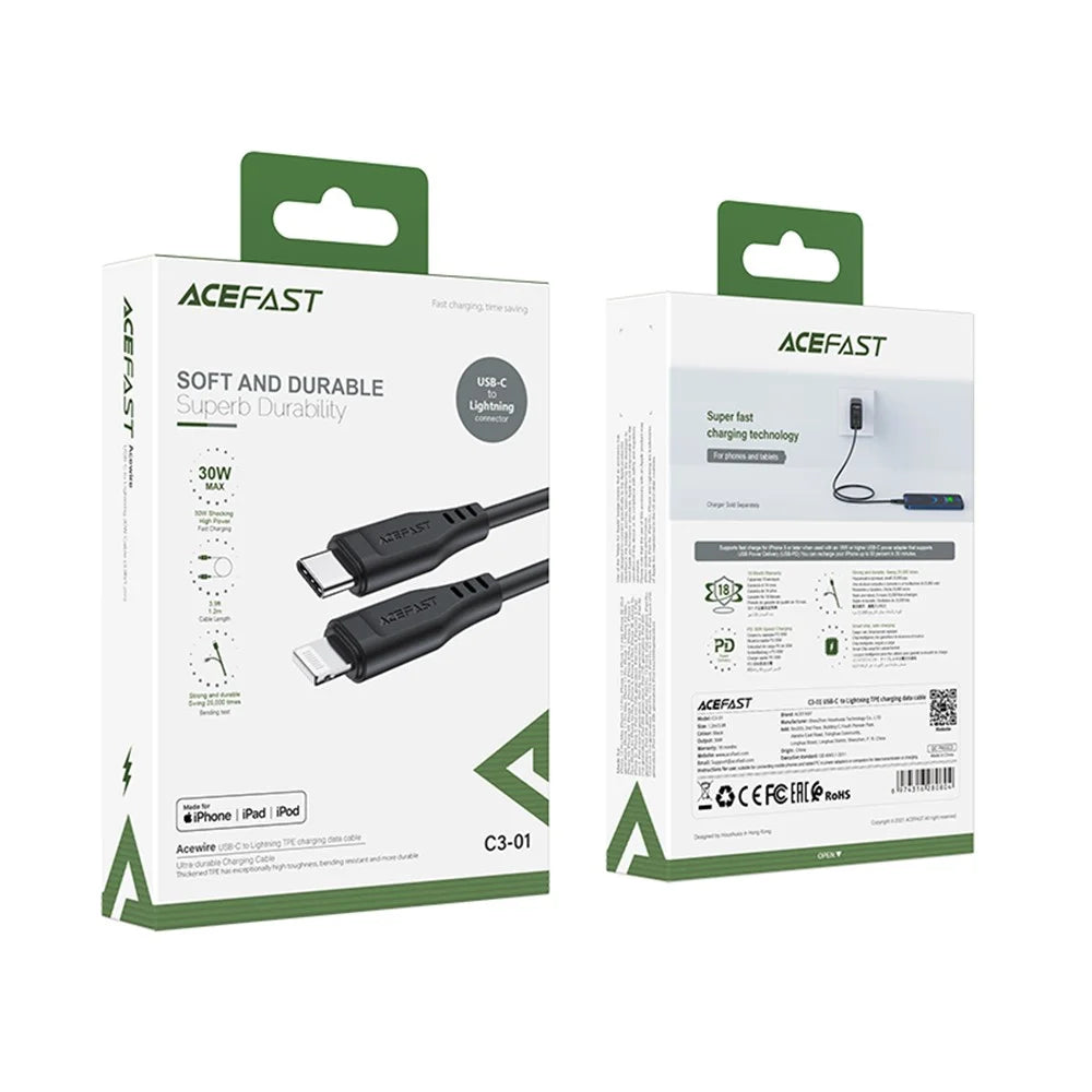 ACEFAST C3-01 MFI Certified USB-C to Lightning TPE Charging Data Cable Support PD30W Fast Charging 1.2m - Black - 7