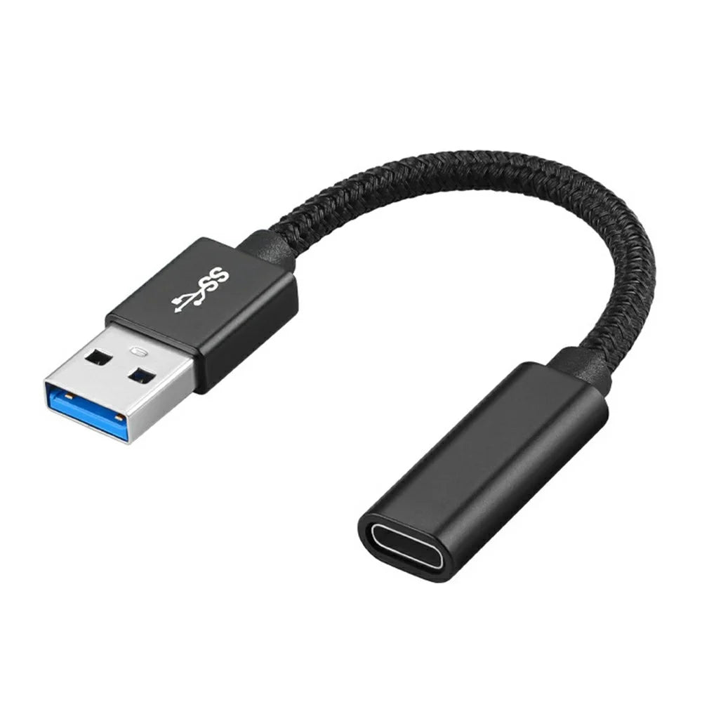 Portable USB-C Female to USB-A 3.0 Male Adapter Cable (Aluminum Alloy Plug + Braided Cable) - Black - 1