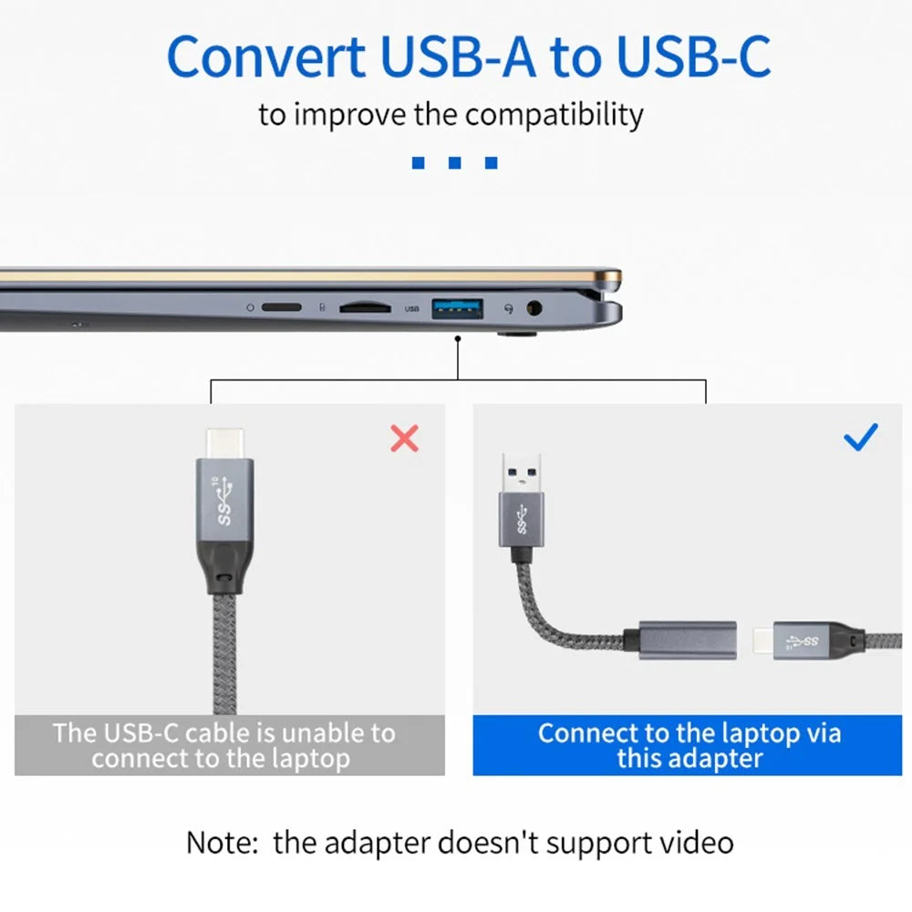 Portable USB-C Female to USB-A 3.0 Male Adapter Cable (Aluminum Alloy Plug + Braided Cable) - Black - 3