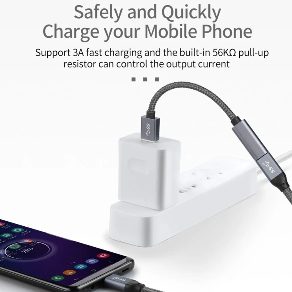Portable USB-C Female to USB-A 3.0 Male Adapter Cable (Aluminum Alloy Plug + Braided Cable) - Black - 4