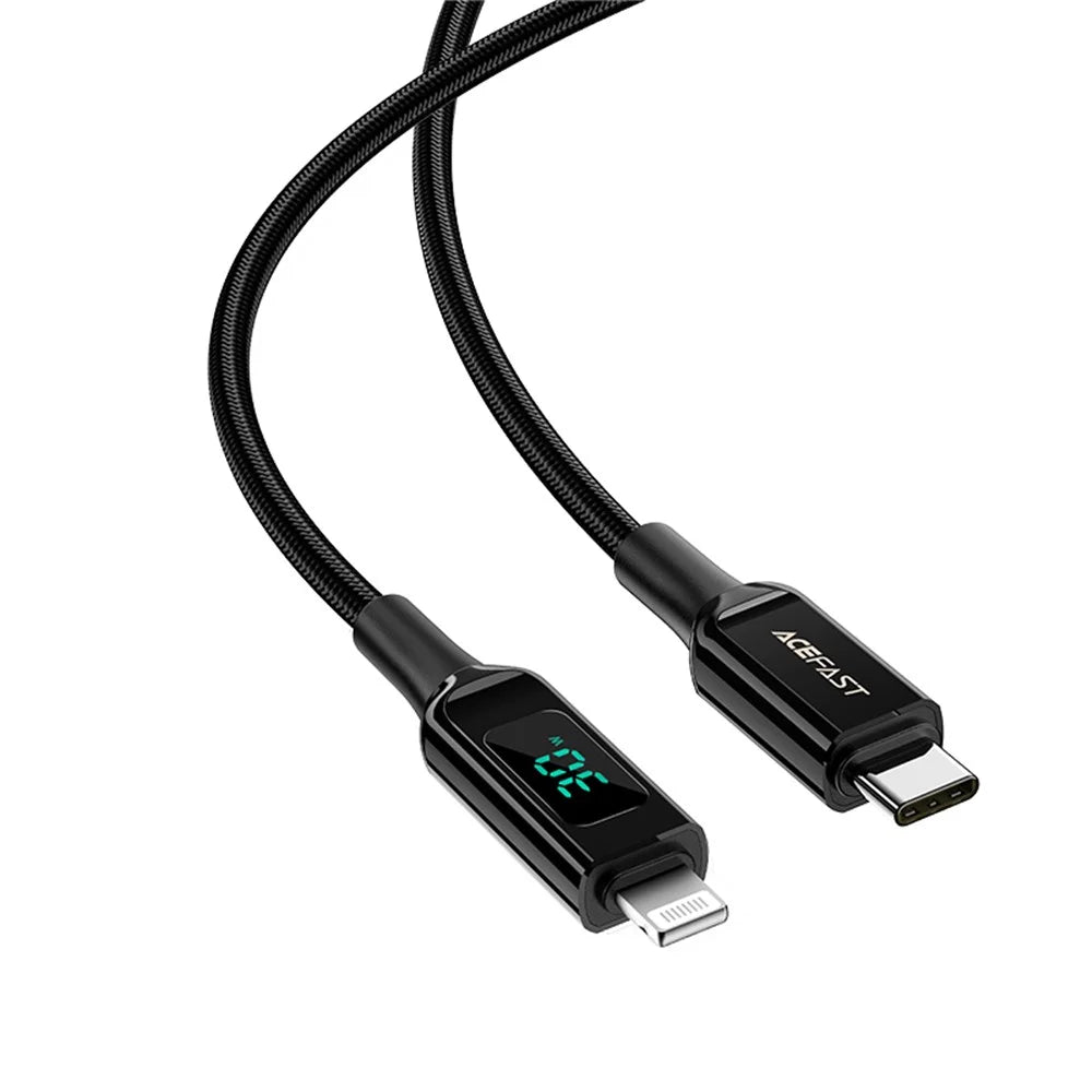 ACEFAST C6-01 for iPhone 15 Series MFi Certified USB-C to Lightning Zinc Alloy Braided Charging Data Cable with Digital Display - Black - 1