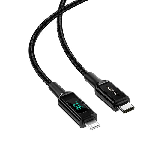 ACEFAST C6-01 for iPhone 15 Series MFi Certified USB-C to Lightning Zinc Alloy Braided Charging Data Cable with Digital Display - Black - 1