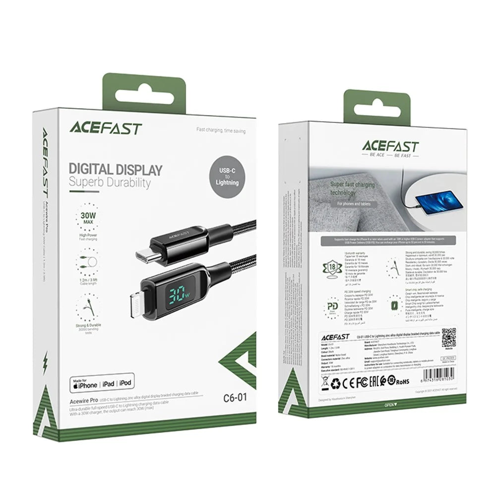ACEFAST C6-01 for iPhone 15 Series MFi Certified USB-C to Lightning Zinc Alloy Braided Charging Data Cable with Digital Display - Black - 5