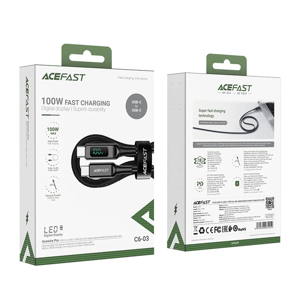 ACEFAST C6-03 for iPhone 15 Series USB-C to USB-C 100W Zinc Alloy Digital Display Charging Cable Braided Data Cord  - Black - 6