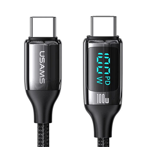 USAMS US-SJ546 U78 1.2m Type-C to Type-C 100W PD Fast Charging Cable Digital Display Zinc Alloy Plug Braided Data Cord - Black - 1